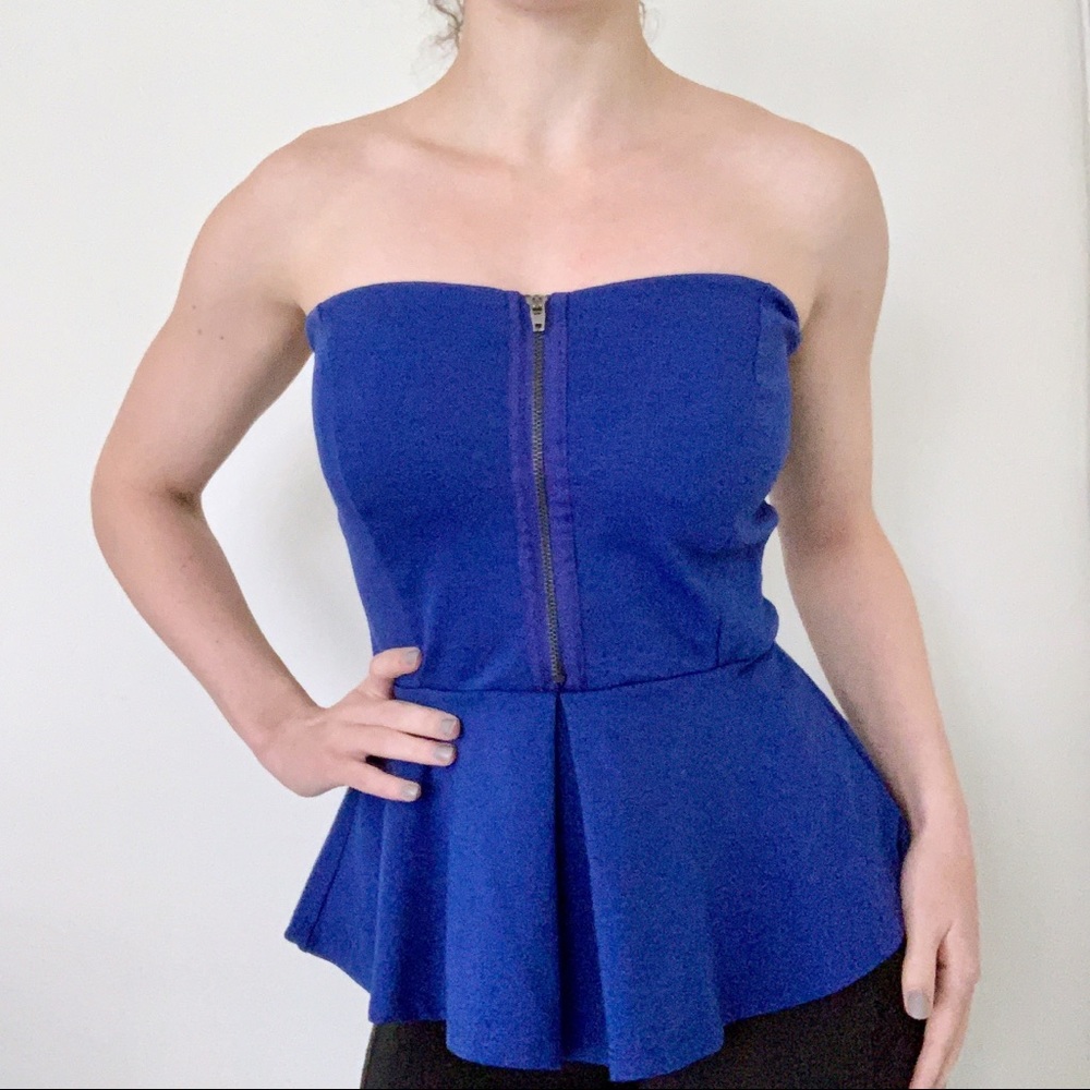 Forever 21 Cobalt Blue Strapless Peplum Top Party Summer Sexy Y2K Clubbing Zip M
